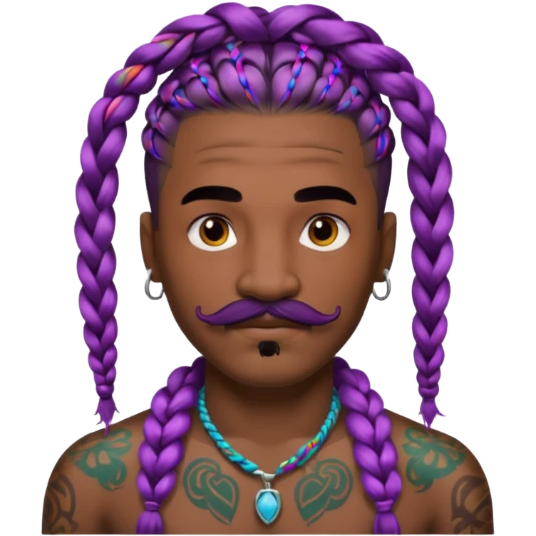 big lose braids starting from the top of the head man with mustache face wiith big visible braids and lots and lots of colored face tattoos colored tattoos like a tattoo artist hair unique color emoji