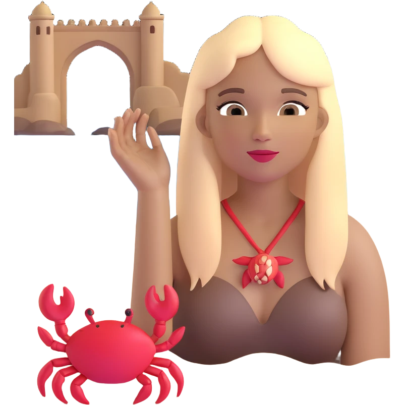 woman with long straight darker blonde hair, light brown skin, with the three iconic arches of Atalaia Beach (Aracaju-SE) in the background, and a small crab as a detail near her emoji