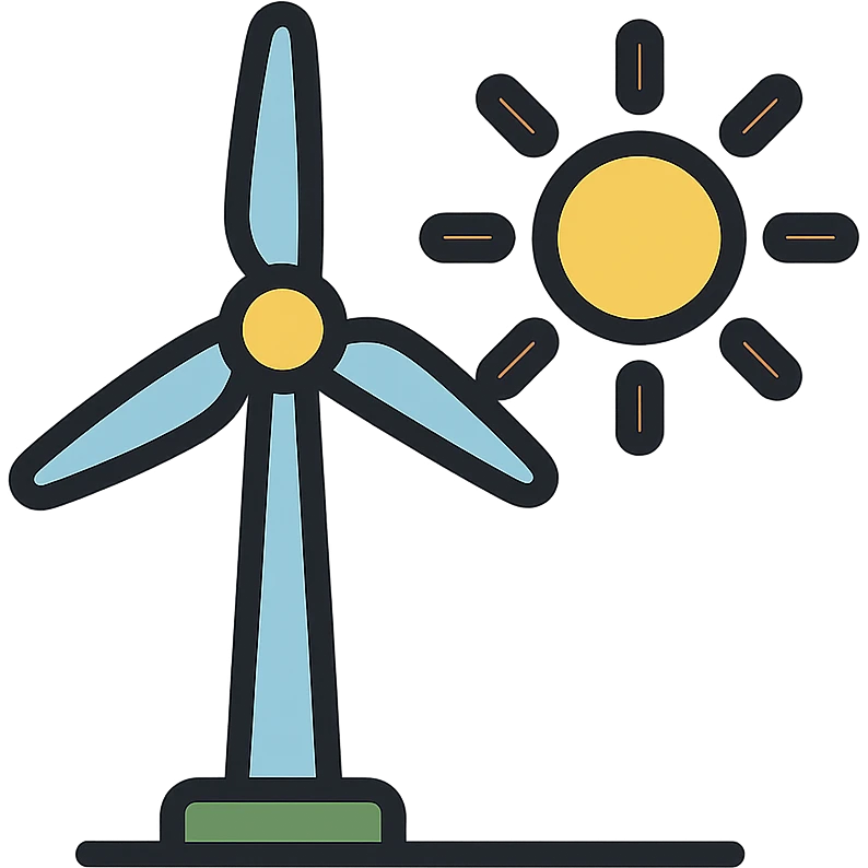 colorful outlined icon of a wind turbine and sun emoji