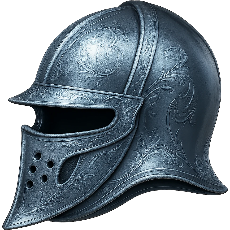 Recolor this iron helmet to realistic metallic steel with crisp, shiny, and slightly fancier iron engravings. Keep the look detailed and realistic in a style inspired by emoji style. Transparent background. emoji