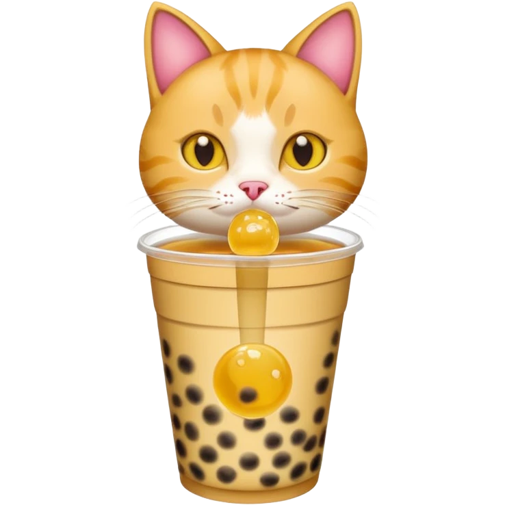 cat drinking bubble tea, apple style emoji, yellow background emoji