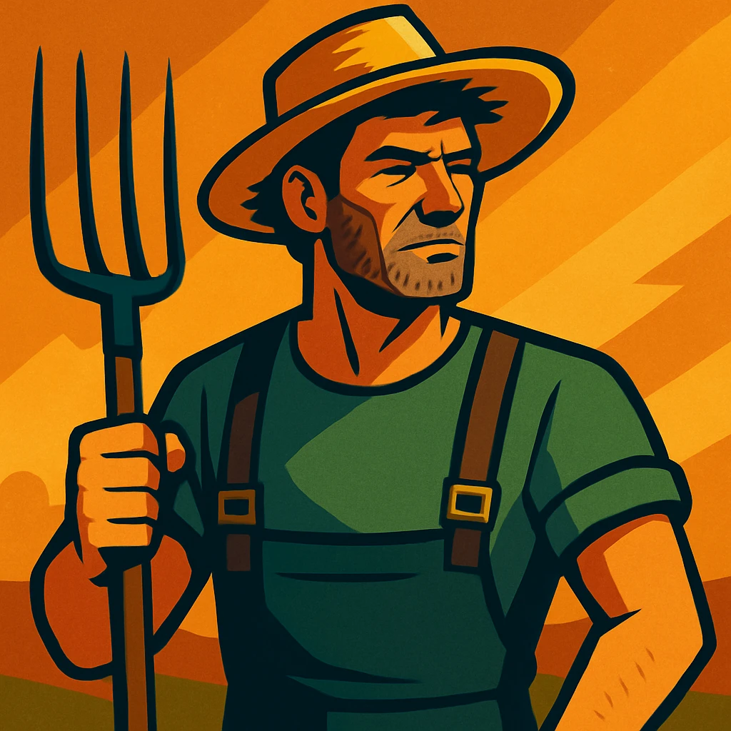 vibrant toon style illustration of a rugged middle-aged farmer, sun-bleached face, black hair, strong jaw, stubble, green trousers, suspenders, green T-shirt, straw hat, holding pitchfork, dramatic warm golden-brown background, bold lines, mix of warm and cool lighting, rustic rural America vibe emoji