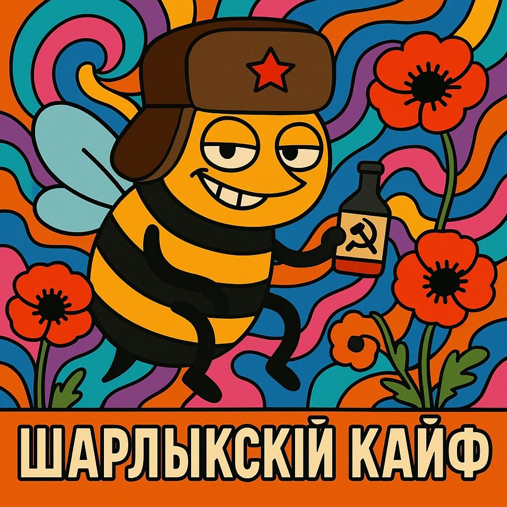 A cartoon bee with a Russian vibe, wearing a ushanka hat, looking mischievous with a sly grin, holding a tiny bottle labeled with a mysterious symbol, surrounded by psychedelic swirls and poppy flowers, with the text 'Шарлыкский Кайф' in bold Cyrillic letters emoji