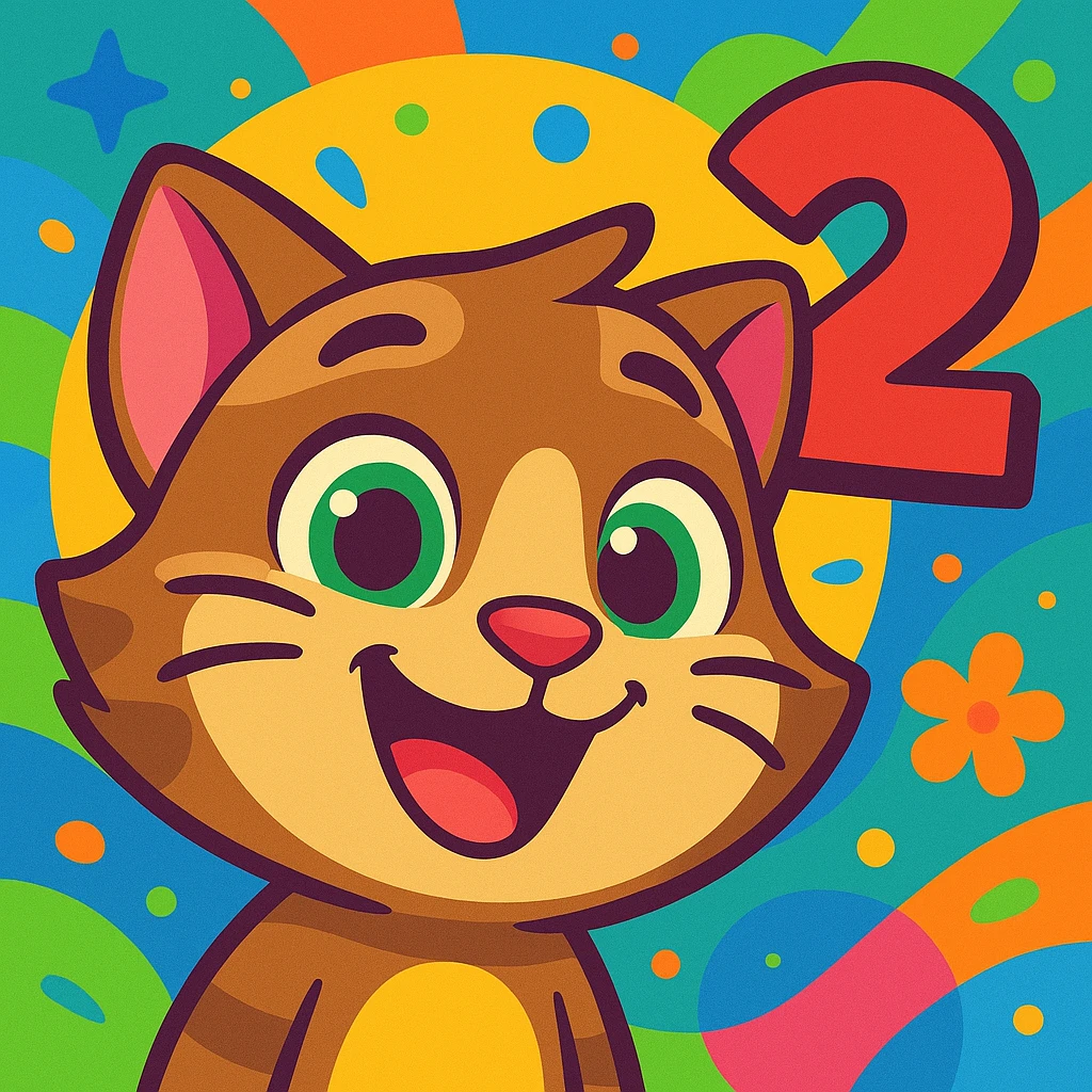 My Talking Tom Friends 2 style icon, cute animated cat face with number 2, colorful background, cheerful expression emoji