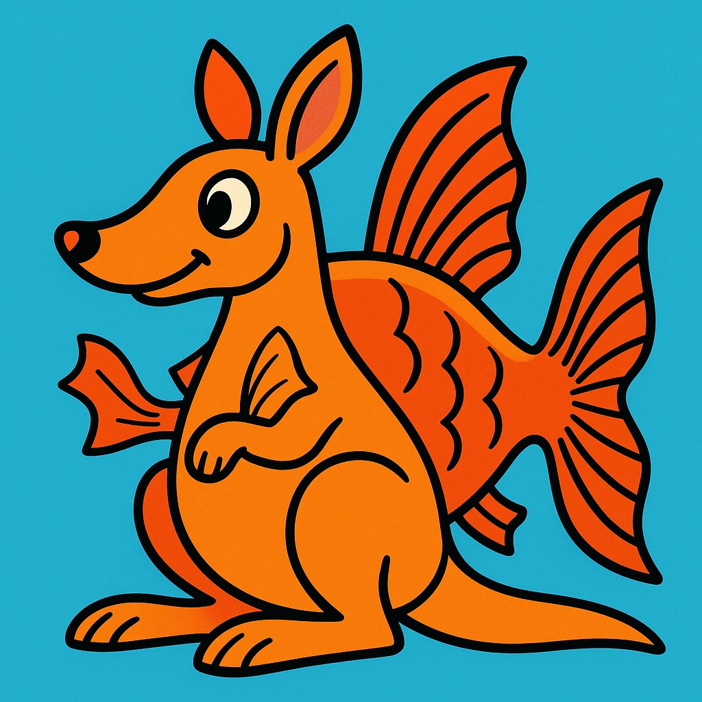 an orange kangaroo with fish fins and tail, whimsical, bold lines emoji