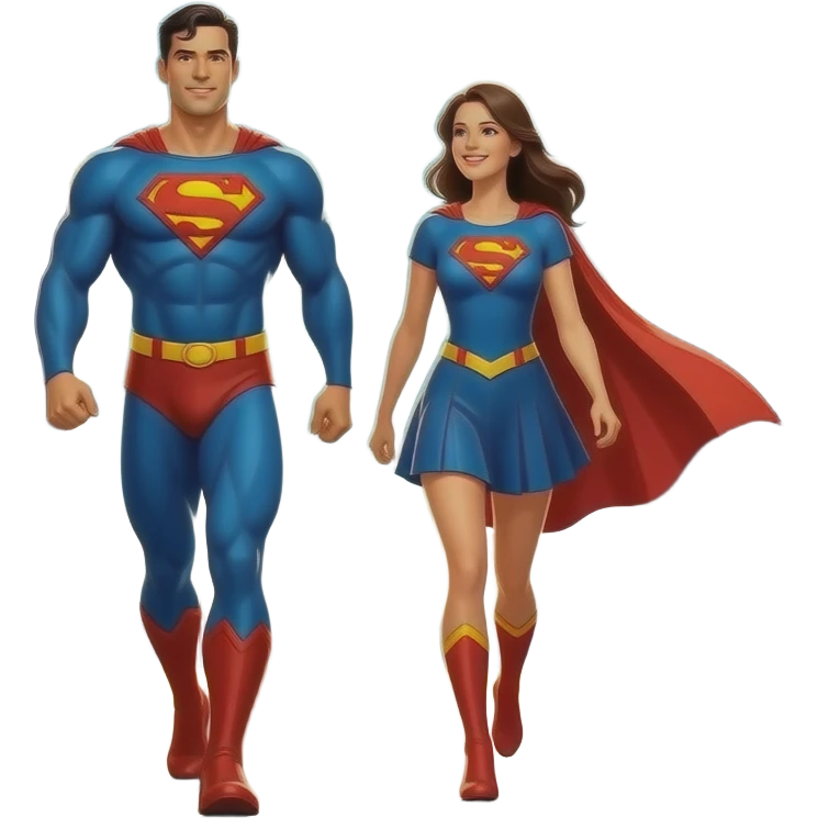 Inspiring artistic composition of a man and a woman stepping forward from a dark background into a bright light, looking towards the horizon with determination, heroic poses, vibrant and hopeful colors, avant-garde style. emoji