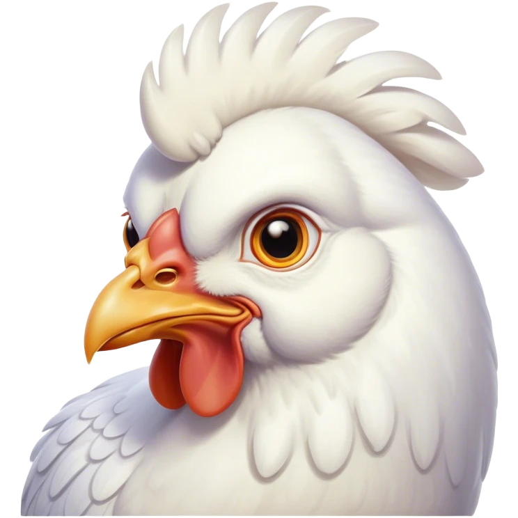 Cinematic Noble White Chicken Portrait Emoji, Poised and regal, with a compact, sturdy build and a pristine, well-groomed pure white plumage, deep-set soulful beady eyes, Simplified yet sharp and sophisticated features, highly detailed, glowing with a soft, dignified glow, high shine, intelligent and alert, stylized with an air of barnyard elegance, focused and attentive, soft glowing outline, capturing the essence of a watchful and confident fowl, so majestic it feels as though it could strut out of the screen with effortless authority! emoji