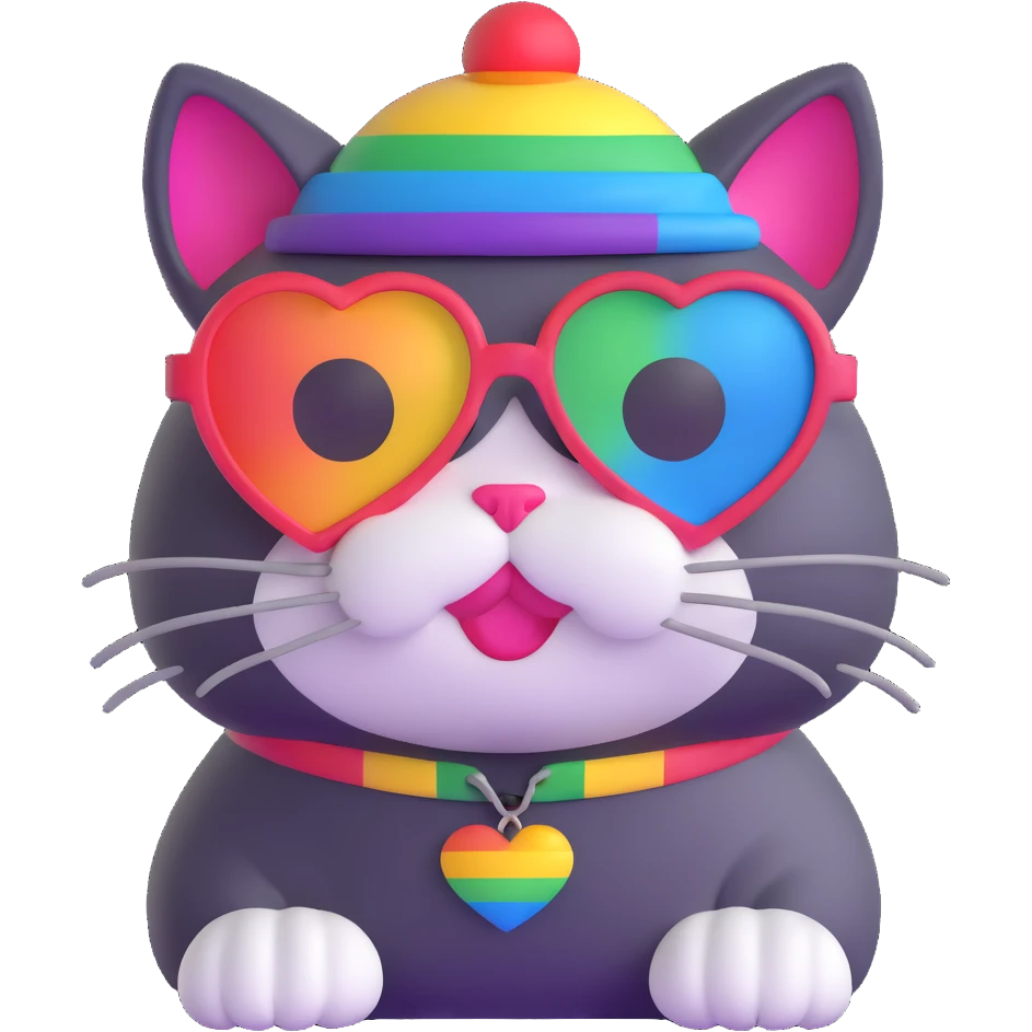 cat wearing a rainbow beanie and heart-shaped sunglasses emoji