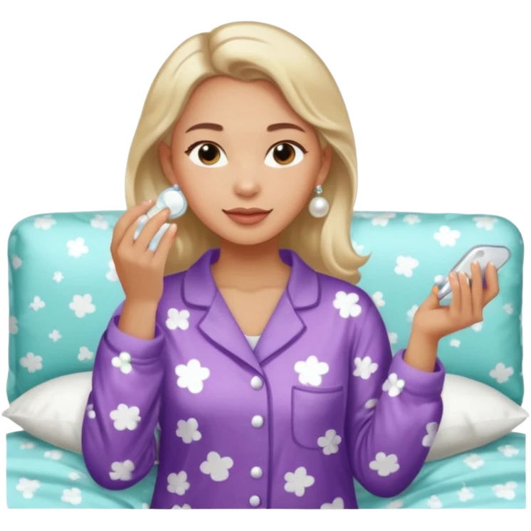 Clean girl aesthetic emoticons, apply skincare products, pearl earrings, glowing skin, pajamas, soft lighting emoji