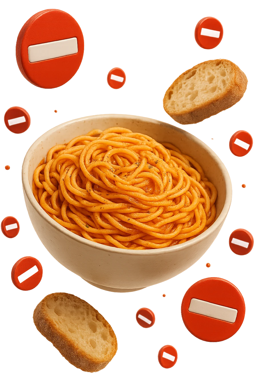 bowl di pasta e fettine di pane che fluttuano in aria con piccoli divieti 3d, sfondo bianco, iperrealistico 4k emoji