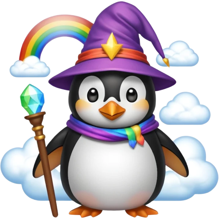 Penguin wizard in a cloud asking "What is rainbow connection?" emoji