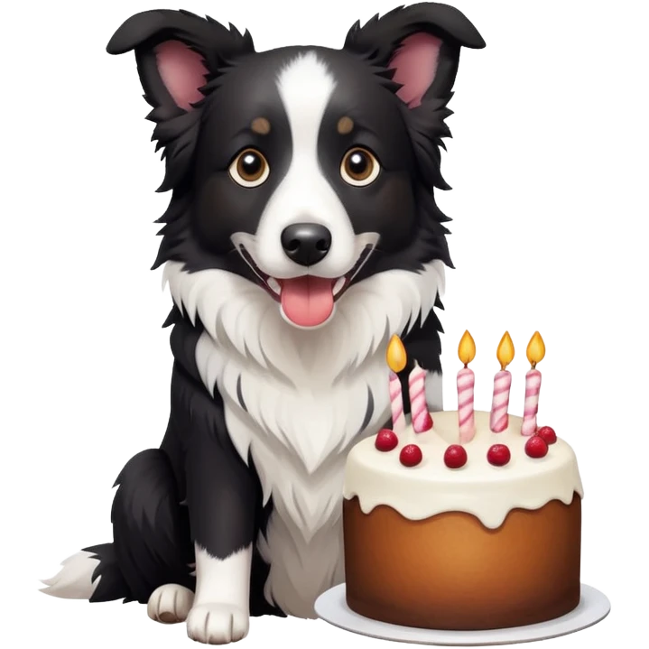 A cute  little  Black and white Border Collie and cake emoji