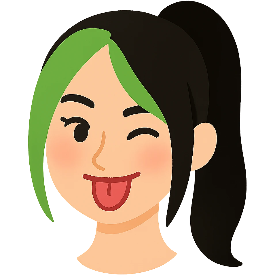 Create a soft cartoon face of Billie Eilish's head with simple features, in the style of the reference image. Use green and black hair. No background. emoji