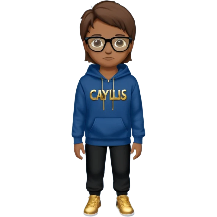Brown hair with black glasses and lends have black and a dark blue hoodie that says caylus kingdom with black pants and a gold chain  emoji
