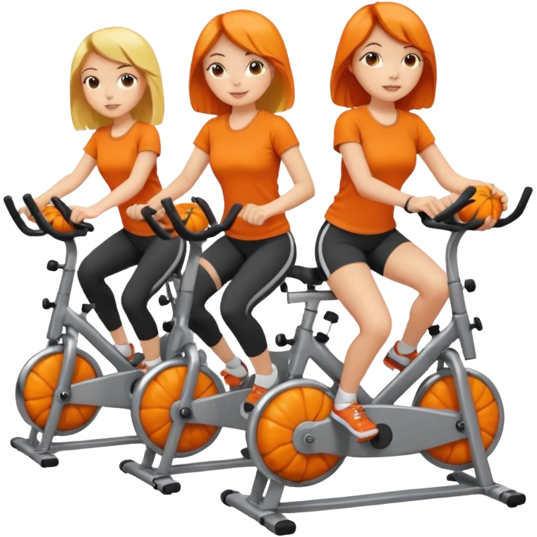 Girls wearing pumpkin t-shirts while riding exercise bikes emoji