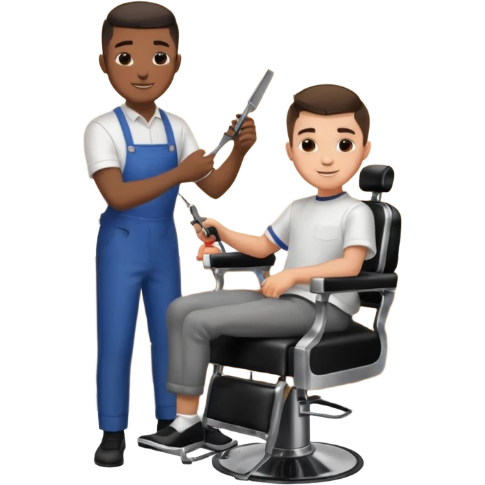 Barber cutting boys hair. Show the boy sat in black barber chair and both having smiles on their faces emoji