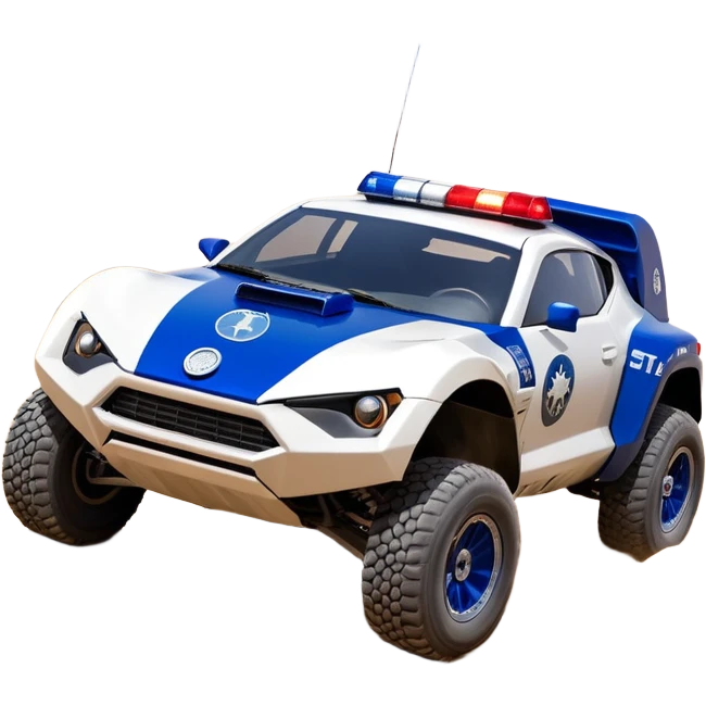 Star Wars’s storm trooper’s police evil darkly night blue Dirty and dented Local Motors Rally Fighter off road race car hot rod meets 2013 scion fr-s trophy truck-style basher flying down a dusty road (silver wheels) emoji