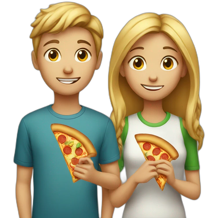 girl and boy eats pizza emoji