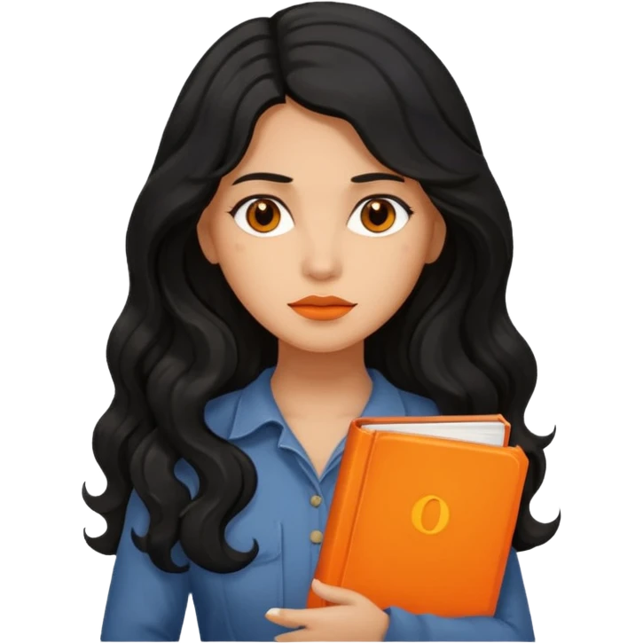 Long Hair Women with orrange Book, Black wavy hair, sad

 emoji
