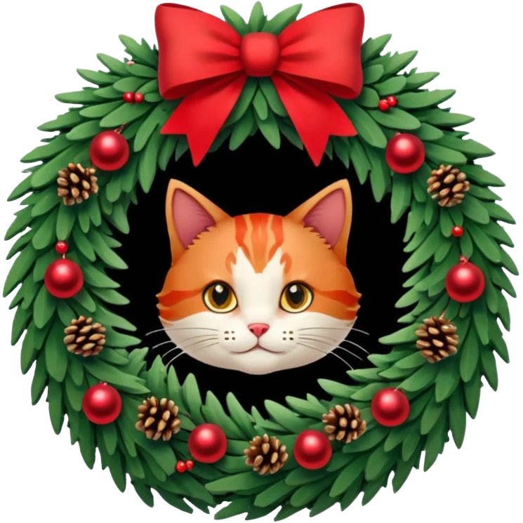A Christmas wreath made entirely of fir trees, decorated with a red bow at the bottom, pine cones and Christmas tree balls, and a cat poking its face through the hole in the center. emoji