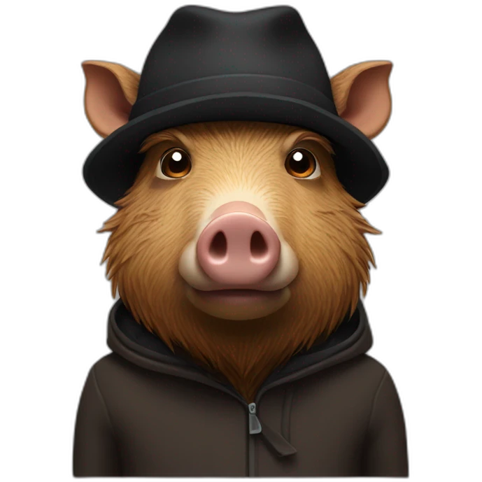 Sad brown boar with stubble in a black winter hat emoji