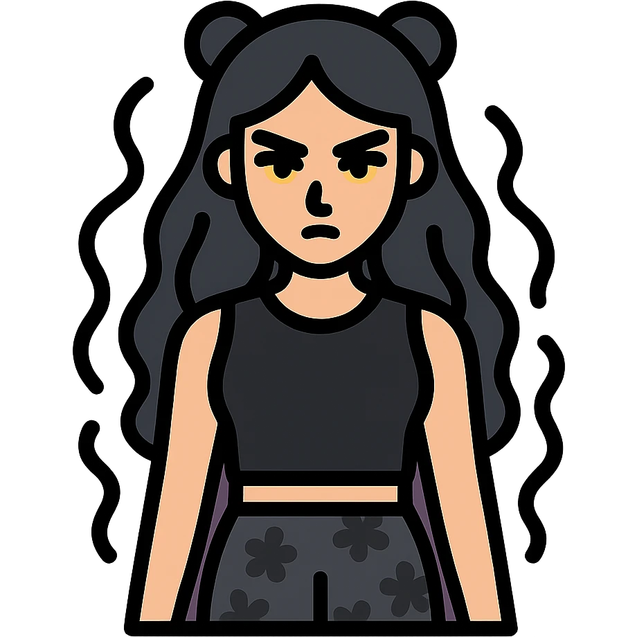 gothic female fighter with long flowing black hair, sharp intense eyes, small black bear ears, sleeveless black ritual robe top, gray combat shorts with dark floral pattern, quiet but commanding presence, soft dark aura emoji