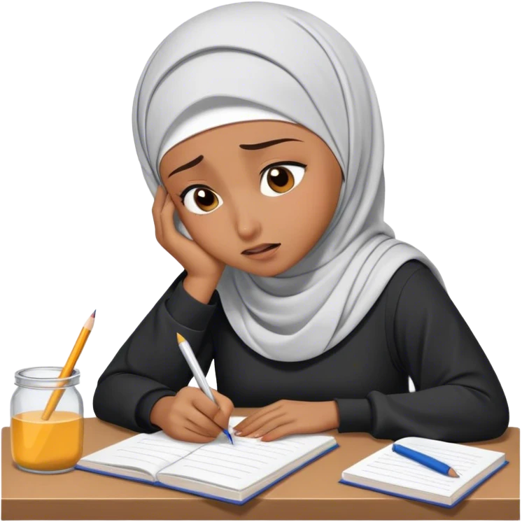 hijabi student doing homework looking stressed, suffering and crying emoji