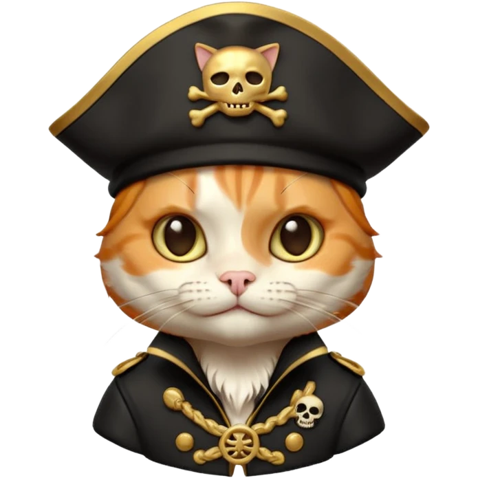 Premium 3D emoji icon of a cute ginger cat pirate, wearing a **pristine white** satin pirate hat with a gold skull icon, and a black and gold captain's jacket. Glossy finish, claymorphism style, soft studio lighting, isolated on white background, 8k resolution, stylized professional look --v 6.0 emoji