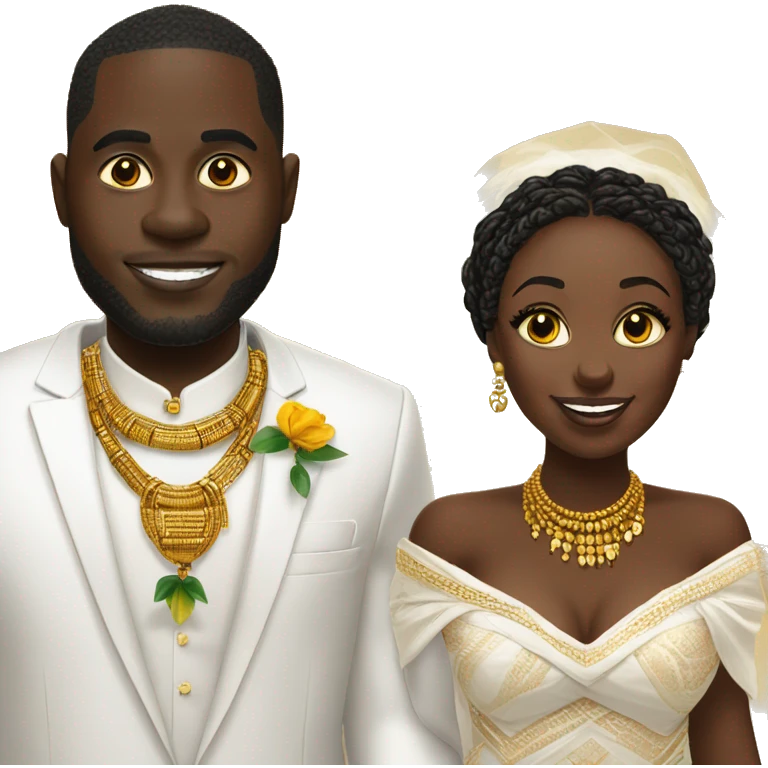 Ghanaian bride and groom. Gold jewelry with white off shoulder dress. Kente Cloth emoji