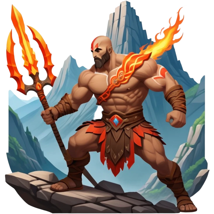 An icon showing a powerful warrior wielding a weapon, inspired by God of War: Ragnarok. The design captures the character’s strength, with dynamic motion lines. A fiery, mythological background with mountains and ruins enhances the epic atmosphere. Transparent background. emoji
