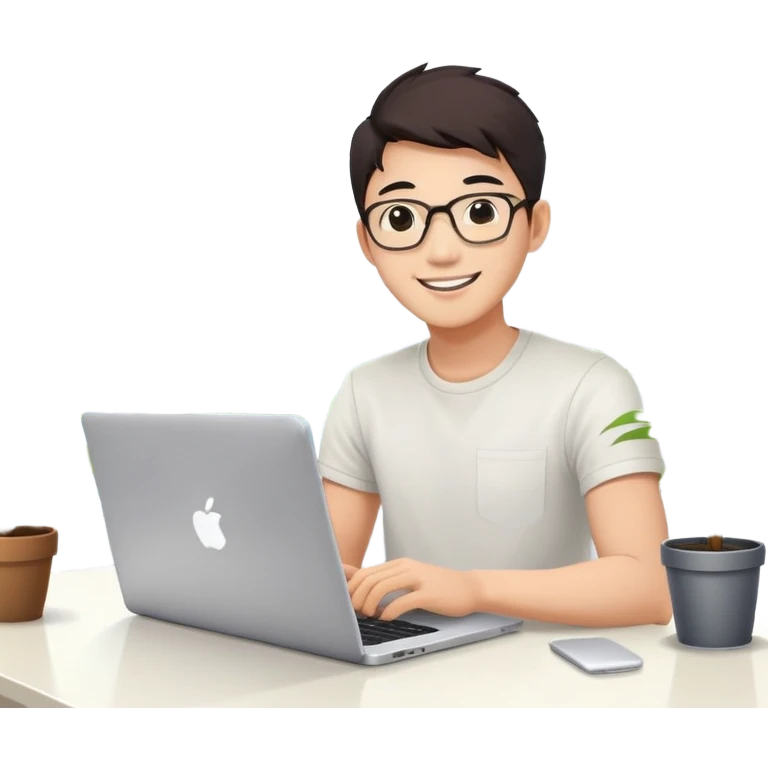 A asian coding 25 year old bright smile coding on his laptop with bright background room with a plant emoji