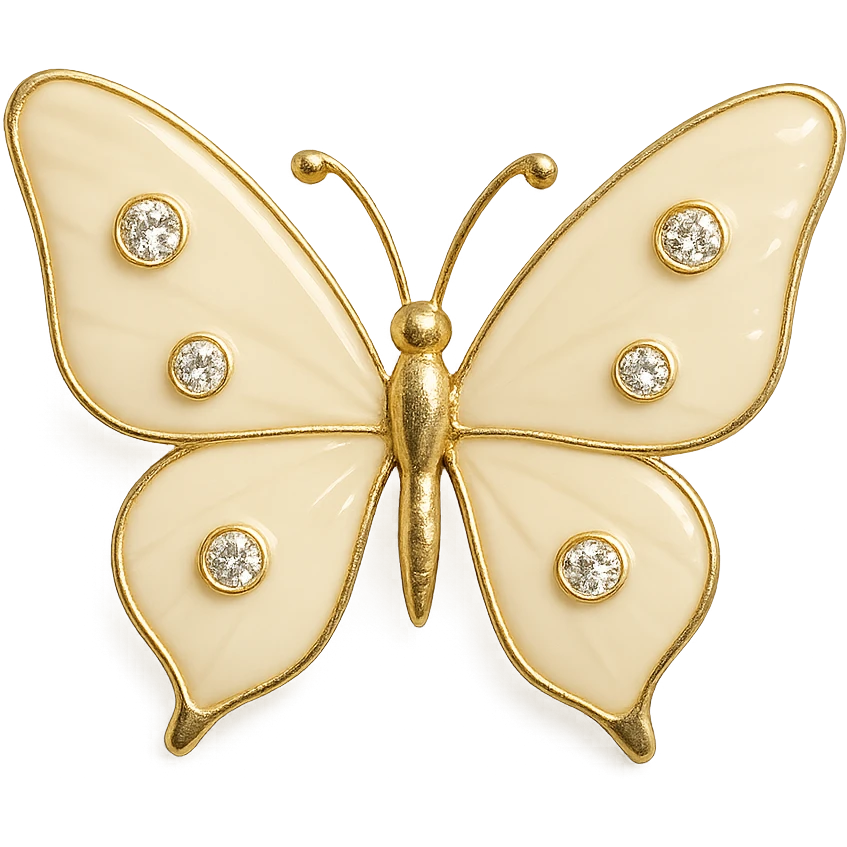 single ivory white butterfly, creamy white enamel, sparkling gems, transparent background emoji