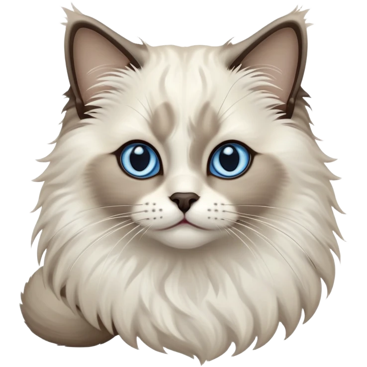 Cinematic-Fluffy-Seal-Ragdoll-Cat-Portrait-Emoji – Head tilted cutely with big, sparkling blue eyes, soft brown-and-white fur with darker seal points on the ears, face, and paws, simplified yet irresistibly adorable features, highly detailed, glowing with a soft and warm charm. emoji