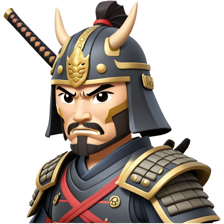 clash-of-clans-aesthetic_-cinematic-fearsome-and-majestic-samurai-bust-portrait-emoji, rendered in a flat, vector-style with minimal shading and bold, simplified shapes typical of emoji art, depicting a battle-hardened samurai with steely eyes and traditional black Japanese armor, riding a noble grey warhorse adorned with an intricately designed saddle and fluttering banners, against a backdrop of cherry blossoms and a rising sun. emoji