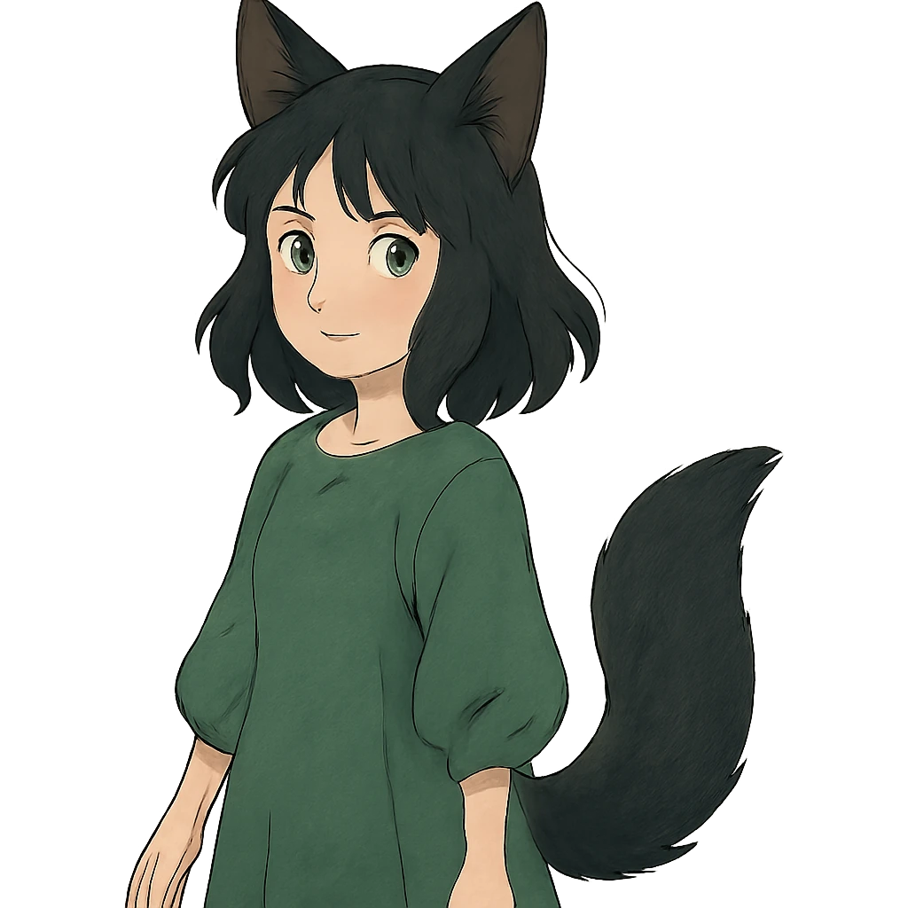 a girl with black fox ears and a tail, green eyes, dark hair emoji