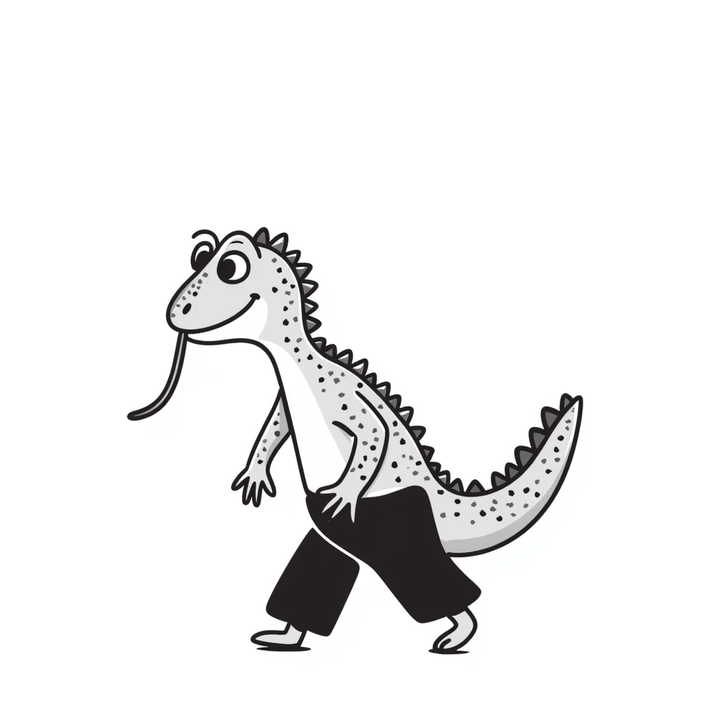A komodo dragon walking with its tongue out, simple hand-drawn style emoji