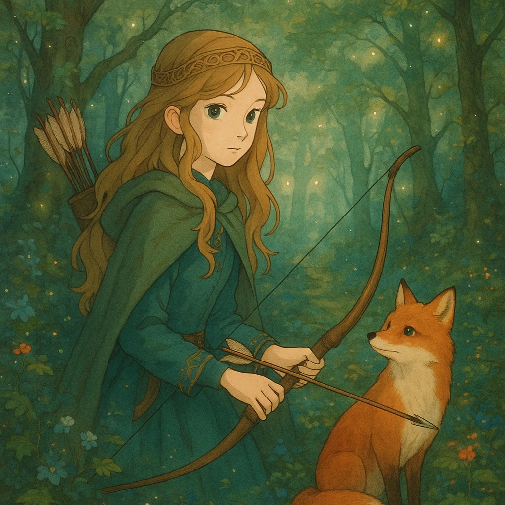 archer and fox together, magical enchanted forest, delicate details, inspired by 'Once Upon a Broken Heart' emoji