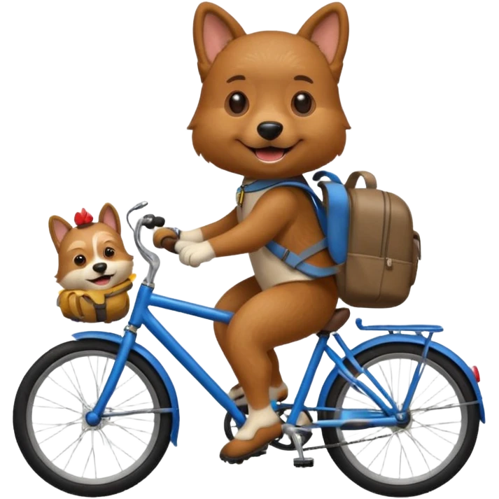 A dog is riding a bicycle and wearing a backpack. emoji
