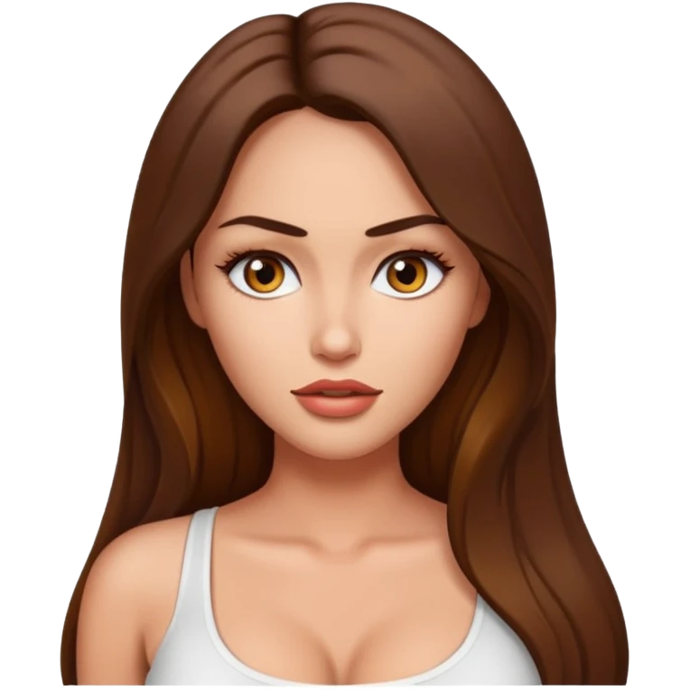 Beautiful woman emoji, adult model with large breasts, narrow eyes, tan skin, long hair, white top, Megan Fox style emoji