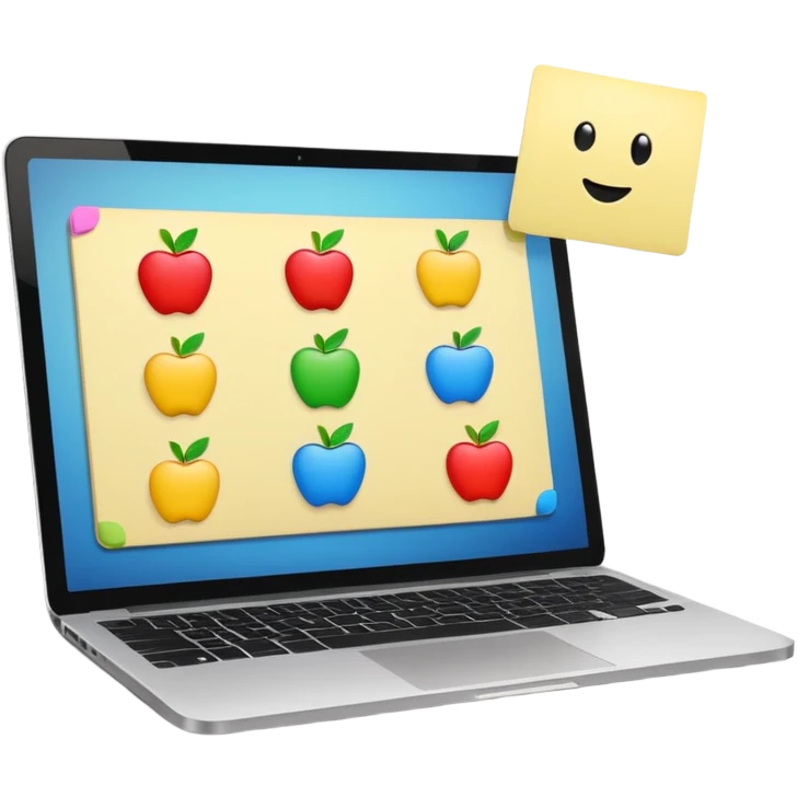 laptop showing a Miro board with sticky notes, apple style emoji emoji