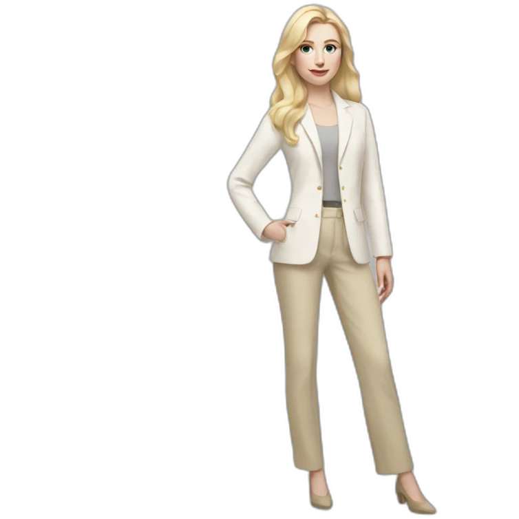 Full height pale skin woman with blonde Straightened Hair to shoulders, White classical jacket, beige Arrow pants holding a color palette in the hands emoji