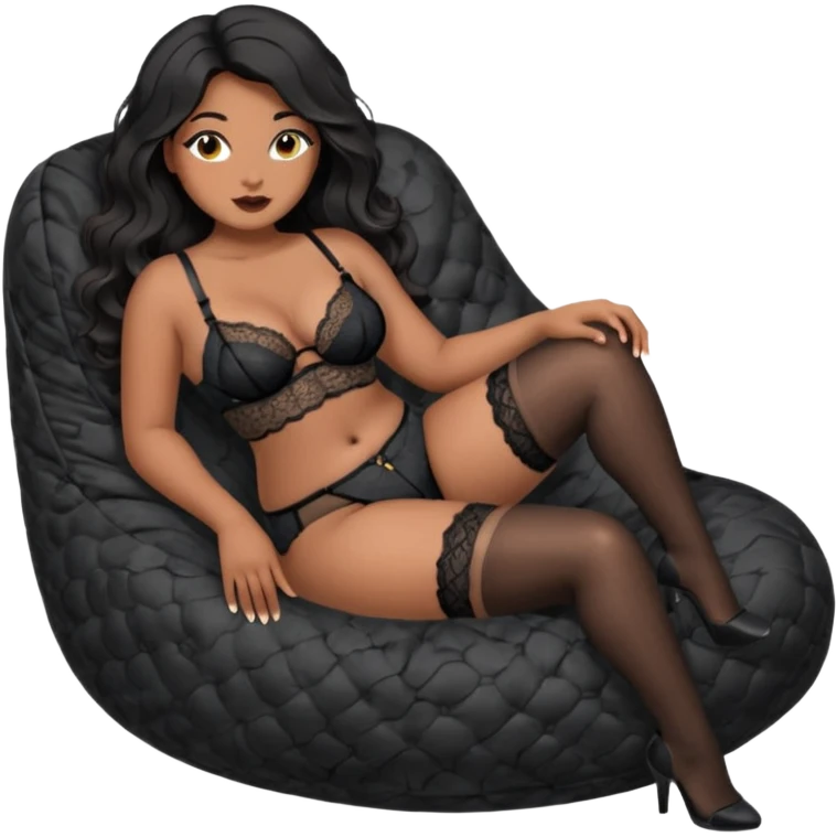 Curvy woman with brown skin with long wavy black hair, dark brown eyes. She's wearing a black lace lingerie, black lace thong, black stockings and suspender belt, she's sat on a big dark grey bean bag chair with her legs open emoji