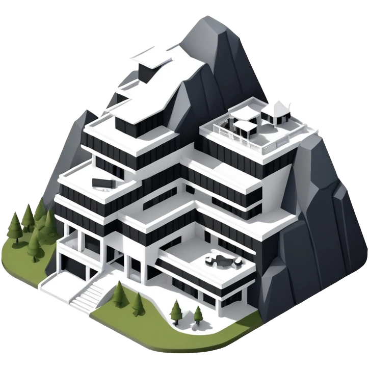 Isometric exterior black and white mountain resort hotel, modern dollhouse style 3D realistic  emoji