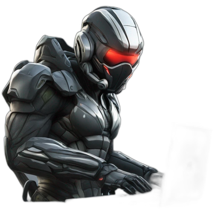 developer behind his laptop with this style : Crytek Crysis Video game with nanosuit character hacker themed character emoji