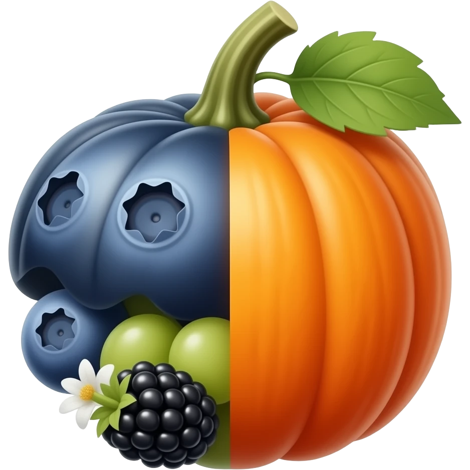 Blueberry and grapes and peach and pumpkin and a flower and a blackberry and lily  combined  into one fruit emoji