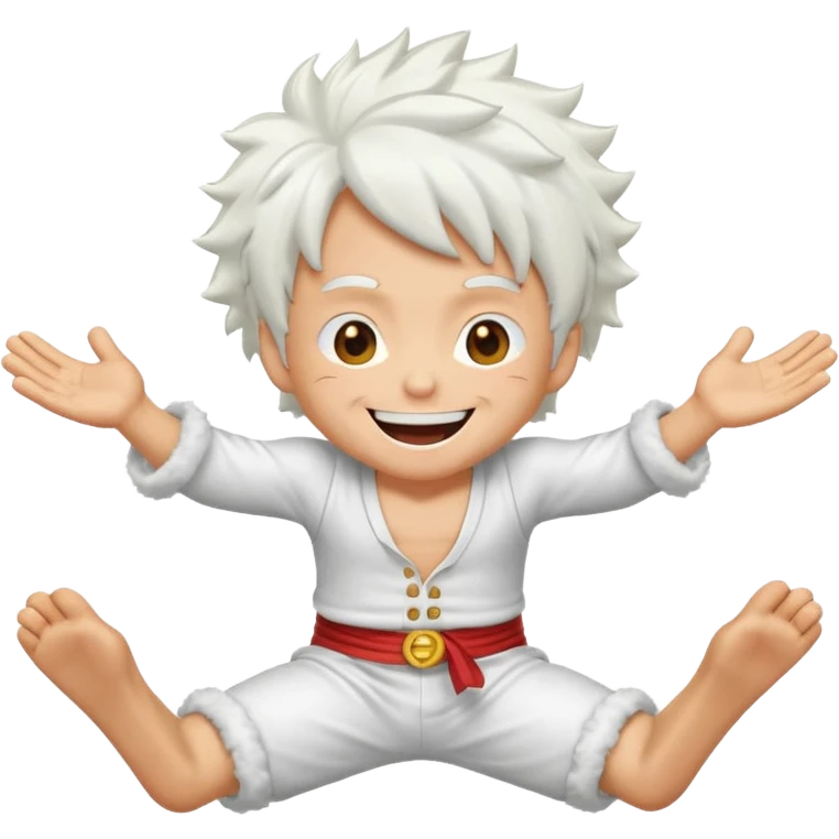 Create a joyful cartoon-style emoji of Luffy as a laughing character with wild, fluffy white hair and a glowing white outfit. The character should have a big open smile, one hand on its face in laughter, and be in a dynamic mid-air pose with bent legs, as if carefree and floating. emoji