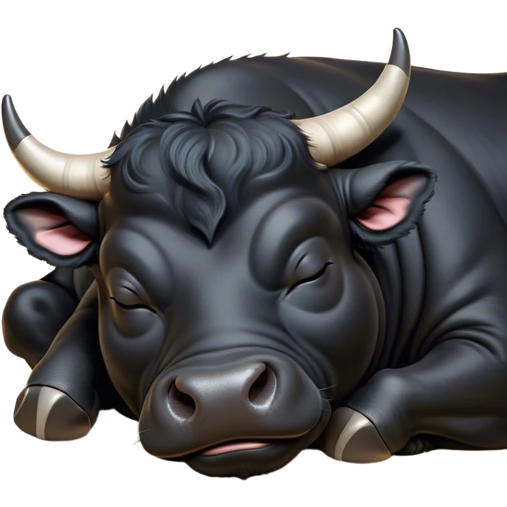 Meme-Worthy Cute Sleeping Black Bull Portrait Emoji, Head resting peacefully with a contented smile, showcasing a robust, massive build and a luxuriously soft pure black hide, eyes shut in a serene, restful nap, Simplified yet hilariously adorable features, highly detailed, glowing with a soft, drowsy light, high shine, relaxed and utterly lovable, stylized with an air of playful laziness, bright and heartwarming, soft glowing outline, capturing the essence of a comically sleepy guardian, so meme-worthy it feels like it could instantly become the next viral sensation of adorable slumber! emoji