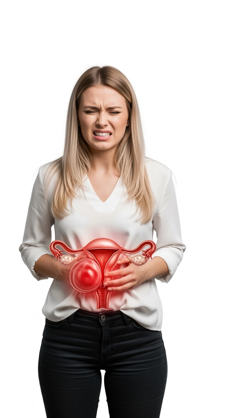donna a figura intera con utero umano realistico in 3d in evidenza dolorante, espressione di dolore in volto, sfondo bianco, non farla computerizzata, ma iperrealistica 4k emoji