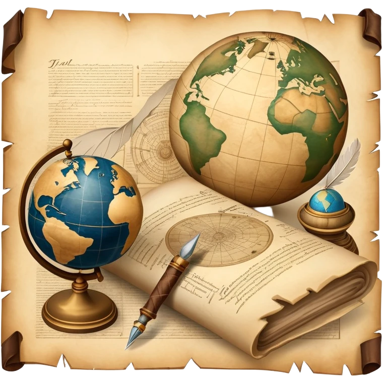 An icon featuring an ancient scroll, a quill pen, and a globe, symbolizing the study of history. The design includes a timeline with significant historical events, with ruins in the background to evoke past civilizations. Transparent background emphasizes the exploration of human history emoji