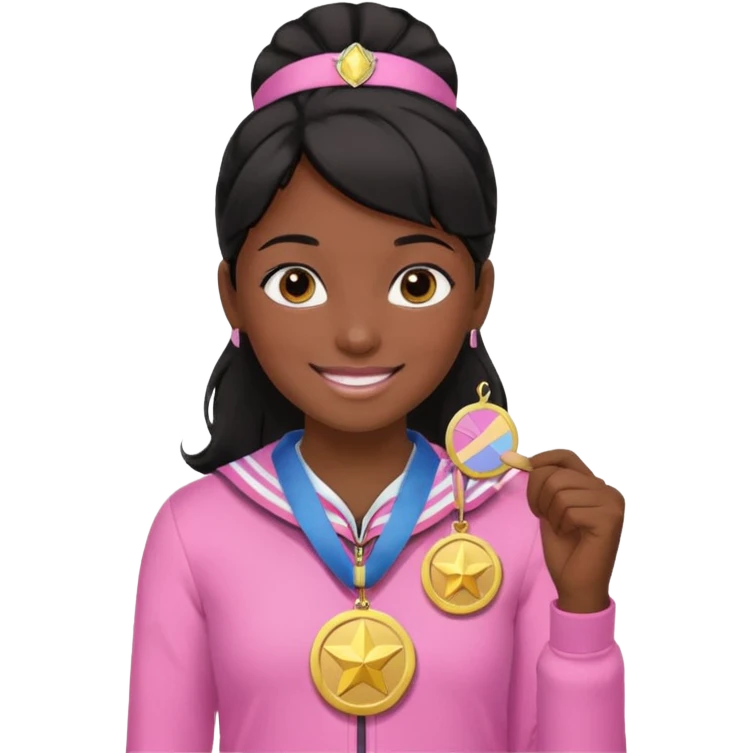 black haired girl wearing pastel pink with medals remove any hats, make her smile emoji